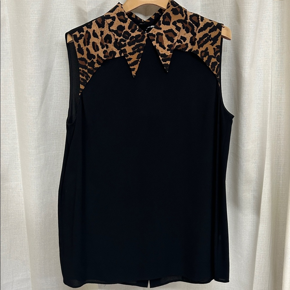 Miu Miu Silk Leopard Print Collar Black Sleeveless Top
